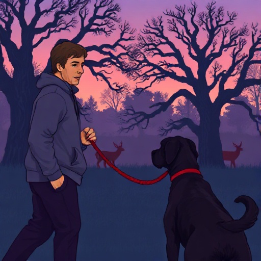 Fenton, back on the leash, at dusk