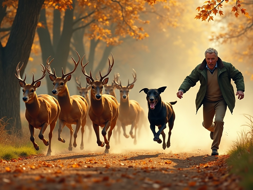 Fenton the labrador chasing deer across Richmond Park at golden hour